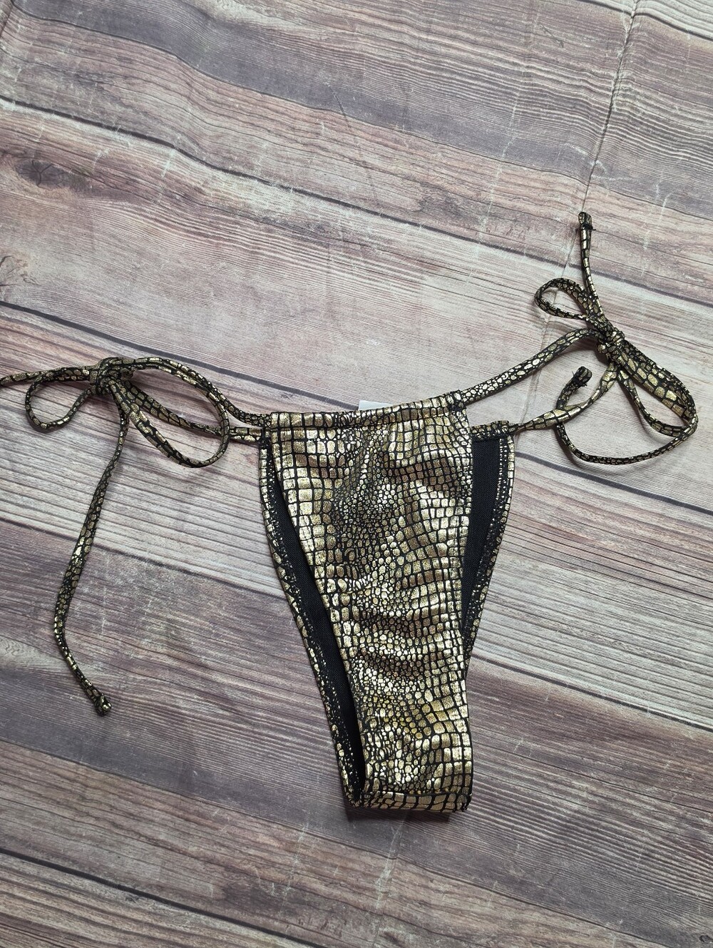 5/$15 Metallic Gold Crocodile Print Tie High Cut Bikini Bottom